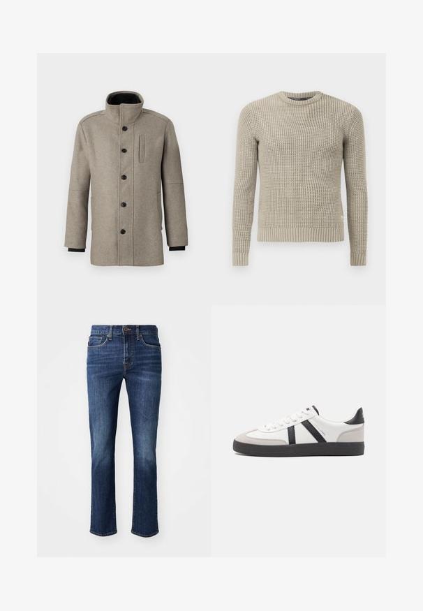 Svijetlosivi vuneni kaput s visokim ovratnikom, prednjim zatvaranjem na dugmad i bočnom džepom. Ima duge rukave i glatku teksturu.; Bež pleteni džemper s dugim rukavima, rebrastim manžetama i rubom, okruglim izrezom, teksturiranim uzorkom, izrađen od mekanog materijala.; Tamno plave traperice ravnog kroja. Karakteristike uključuju patentni zatvarač, prednje džepove i suptilno izbljeđivanje na bedrima. Izrađene su od traper tkanine.; Bijele tenisice s crnim i sivim detaljima, s teksturiranim sivim zaštitnikom prstiju, crnim gumene potplate i ravnim bijelim vezicama. Čist dizajn, minimalistički stil.