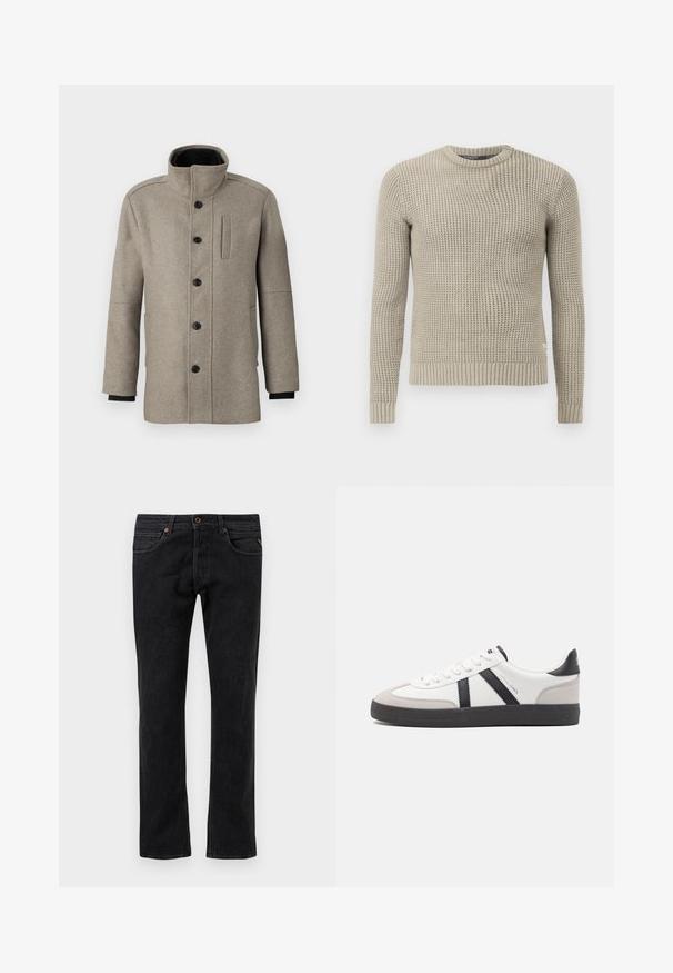 Vaaleanharmaa villakangastakki, jossa on korkea kaulus, etumuksen nappikiinnitys ja sivutasku. Omaaa pitkät hihat ja sileän pinnan.; Beige neulepaita, jossa on pitkät hihat, ribbireunukset hihansuissa ja helmassa, pyöreä kaula-aukko, teksturoitu kuvio, valmistettu pehmeästä materiaalista.; Mustat farkut suoranlahkeisella muotoilulla, joissa on viisi taskua, hienovaraiset kulutukset ja oranssit ompeleet.; Valkoiset lenkkarit mustilla ja harmailla yksityiskohdilla, joissa on teksturoitu harmaa kärki, musta kumipohja ja litteät valkoiset nauhat. Siisti muotoilu, minimalistinen tyyli.