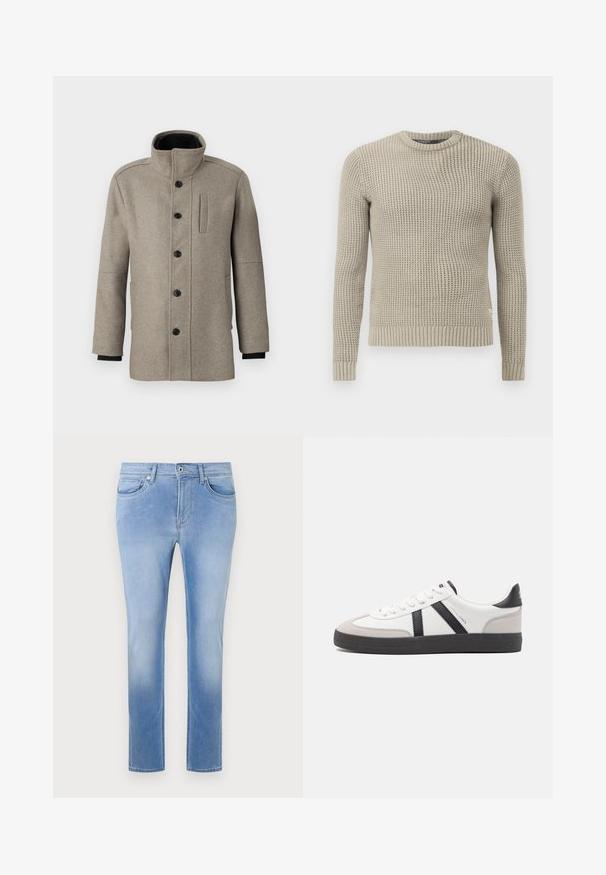 Heled hall villane mantel kõrge kraega, esiseotud nööpidega ja küljetaskuga. Omab pikki varrukaid ja siledat tekstuuri.; Beige kootud sviiter pikkade varrukatega, soonikuga mansetid ja alläär, ümar kaelus, tekstuuriga muster, valmistatud pehmest materjalist.; Heledad sinised teksad sirge jala designiga, viie taskuga ja nupuga sulgemisega. Omab kulunud tekstuuri ja tavalisi õmblusi.; Valged tossud mustade ja hallide aktsentidega, tekstureeritud halli varbakattega, musta kummitald ja lamedad valged paelad. Puhtad jooned, minimalistlik stiil.