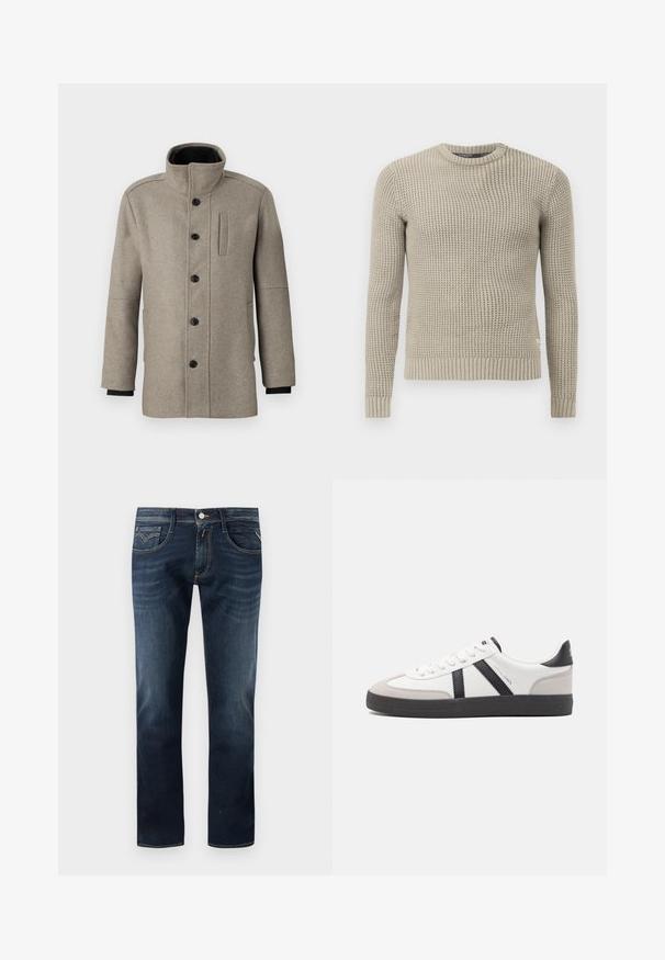 Jasnoszary wełniany płaszcz z wysokim kołnierzem, zapięcie na guziki z przodu oraz boczną kieszenią. Posiada długie rękawy i gładką teksturę.; Beżowy sweter dziany z długimi rękawami, prążkowanym mankietem i dołem, okrągłym dekoltem, teksturowanym wzorem, wykonany z miękkiego materiału.; Ciemnoniebieskie dżinsy o klasycznym prostym kroju, z pięcioma kieszeniami, zapięciem na guzik z przodu oraz subtelnymi detalami w szwie.; Białe sneakersy z czarnymi i szarymi akcentami, z teksturowanym szarym czubkiem, czarną gumową podeszwą i płaskimi białymi sznurowadłami. Czysty design, minimalistyczny styl.