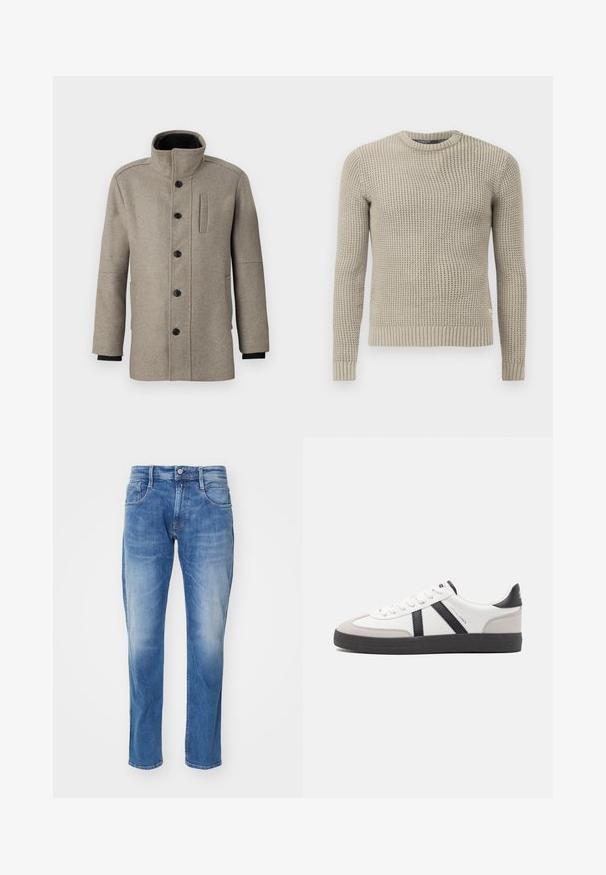 Lys grå ullkåpe med høyt krage, knappelukking foran og sidelomme. Har lange ermer og en jevn tekstur.; Beige strikket genser med lange ermer, ribbestrikket mansjett og kant, rund hals, teksturert mønster, laget av mykt materiale.; Lys blå denimjeans med rett ben, fem lommer, subtil fading og standard midje med knappelukking.; Hvite sneakers med svarte og grå detaljer, med en teksturert grå tåhette, svart gummisåle, og flate hvite lisser. Rent design, minimalistisk stil.