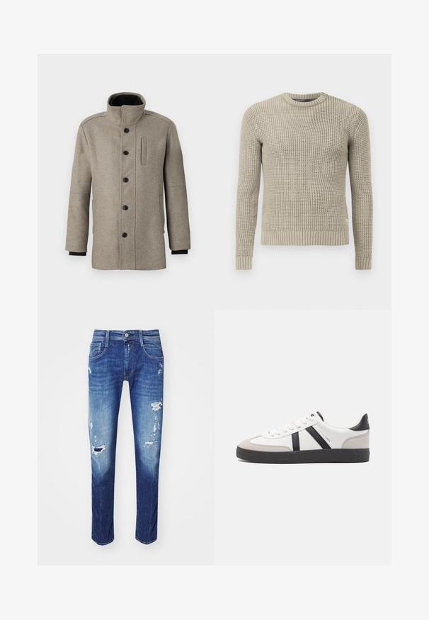Svetlo siva volna pika s visokim ovratnikom, sprednjim gumbom in stransko žepom. Ima dolge rokave in gladko teksturo.; Bež pleteni pulover z dolgimi rokavi, rebrastim manšetnim in spodnjim robom, okroglim izrezom, teksturiranim vzorcem, izdelan iz mehkega materiala.; Temno modri jeans iz denima z raztrganinami, pet-žepni dizajn in subtilno zbledelost. Ravno krojen z urejenim robom.; Bela športna obutev z črnimi in sivo akcenti, z teksturirano sivo kapico za prste, črnim gumijastim podplatom in ravnimi belimi vezalkami. Čista zasnova, minimalistični slog.