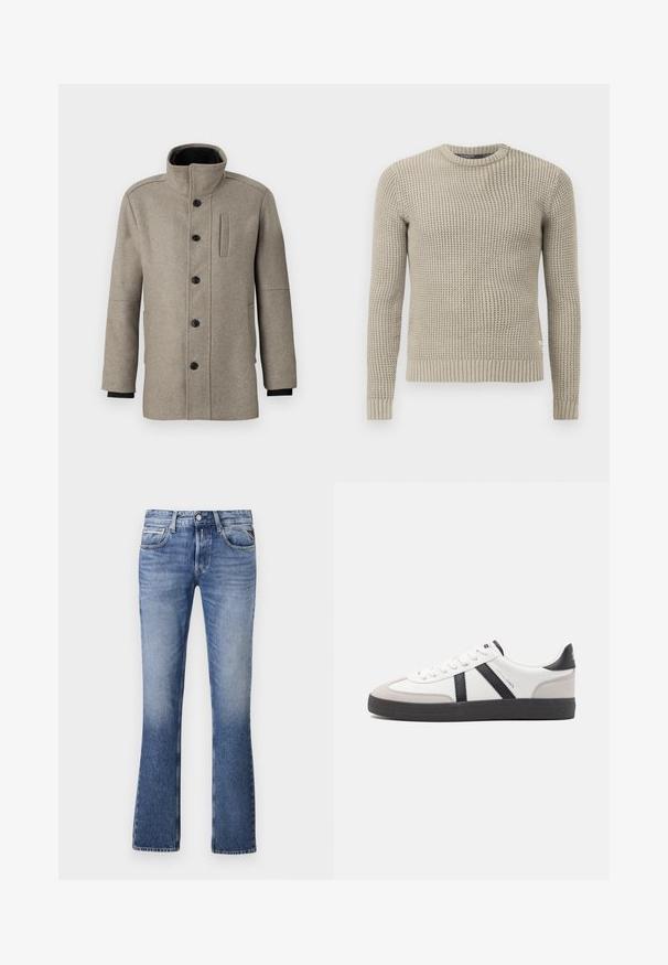 Light gray wool coat with a high collar, front button closure, and a side pocket. Features long sleeves and a smooth texture.; Beige knitted sweater with long sleeves, ribbed cuff and hem, round neck, textured pattern, made from soft material.; Light blue denim jeans with a flared leg design, featuring five pockets, a front button closure, and subtle fading throughout.; White sneaker with black and gray accents, featuring a textured gray toe cap, black rubber sole, and flat white laces. Clean design, minimalist style.