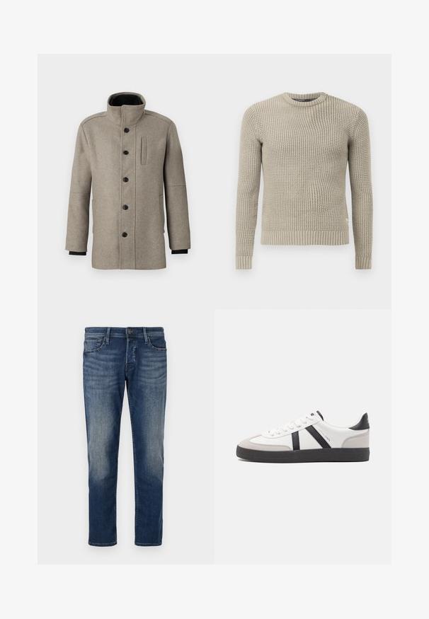 Svijetlosivi vuneni kaput s visokim ovratnikom, prednjim zatvaranjem na dugmad i bočnom džepom. Ima duge rukave i glatku teksturu.; Bež pleteni džemper s dugim rukavima, rebrastim manžetama i rubom, okruglim izrezom, teksturiranim uzorkom, izrađen od mekanog materijala.; Tamno plavi traperice klasičnog kroja, s pet džepova, suptilno isticanje na bedrima i ravnim nogavicama. Metalno kopčanje.; Bijele tenisice s crnim i sivim detaljima, s teksturiranim sivim zaštitnikom prstiju, crnim gumene potplate i ravnim bijelim vezicama. Čist dizajn, minimalistički stil.