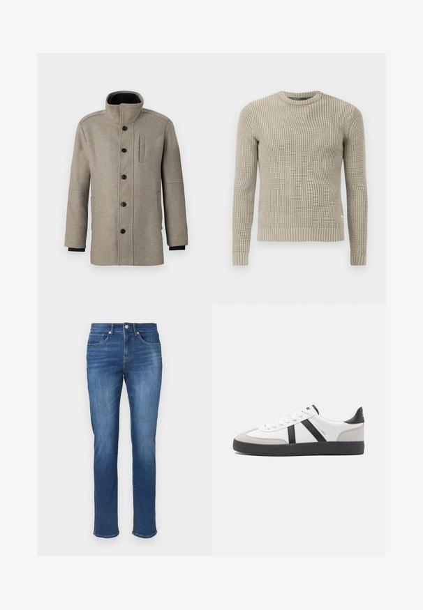 Gaiši pelēks vilnas mētelis ar augstu apkakli, priekšējo pogu aizdari un sānu kabatu. Tam ir garas piedurknes un gluda tekstūra.; Bežs adīts džemperis ar garām piedurknēm, ribota aproce un apakšmalā, apaļa kakla izgriezums, teksturēta raksts, izgatavots no mīksta materiāla.; Džinsa bikses vidēji zilā krāsā, taisna piegriezuma, ar piecām kabatām, priekšējo pogu aizdari un minimālu izbalējumu efektu.; Baltas sneakeris ar melniem un pelēkiem akcentiem, kuram ir teksturēts pelēks purngals, melna gumijas zole un plakanas baltas šņores. Tīrs dizains, minimālisma stils.