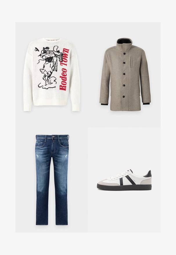 Light gray wool coat with a high collar, front button closure, and a side pocket. Features long sleeves and a smooth texture.; White knitted sweater featuring a black and red graphic design with a cowboy and horse, and text "Rodeo Town" in bold red letters.; Blue denim jeans with a regular fit, featuring a faded wash, slight distressing, five pockets, and contrast stitching. Button closure at waist.; White sneaker with black and gray accents, featuring a textured gray toe cap, black rubber sole, and flat white laces. Clean design, minimalist style.