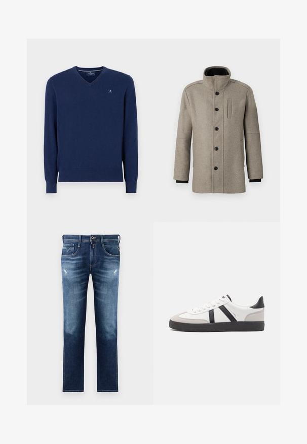 Vaaleanharmaa villakangastakki, jossa on korkea kaulus, etumuksen nappikiinnitys ja sivutasku. Omaaa pitkät hihat ja sileän pinnan.; Navy blue v-neck neulepaita, joka on valmistettu pehmeästä neulekankaasta. Ominaisuuksiin kuuluvat pitkät hihat ja huomaamaton brodeerattu logo rinnassa. Sileä tekstuuri.; Sininen farkkuhousut, joissa on normaali istuvuus, haalistunut pesu, pieni kuluminen, viisi taskua ja kontrastiväriset ompeleet. Napitus vyötäröllä.; Valkoiset lenkkarit mustilla ja harmailla yksityiskohdilla, joissa on teksturoitu harmaa kärki, musta kumipohja ja litteät valkoiset nauhat. Siisti muotoilu, minimalistinen tyyli.