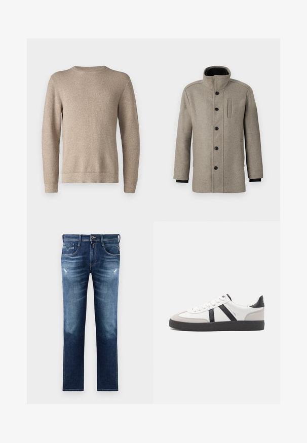 Svetlo siva volna pika s visokim ovratnikom, sprednjim gumbom in stransko žepom. Ima dolge rokave in gladko teksturo.; Bež pulover s krojenim ovratnikom v teksturiranem pletenju, z dolgimi rokavi in ravnim robom. Tkanina se zdi mehka in topla.; Modra denim hlače s regularno prileganjem, z obdelanim pranjem, lahkimi poškodbami, petimi žepi in kontrastnim šivanjem. Zapenjanje na gumb ob pasu.; Bela športna obutev z črnimi in sivo akcenti, z teksturirano sivo kapico za prste, črnim gumijastim podplatom in ravnimi belimi vezalkami. Čista zasnova, minimalistični slog.