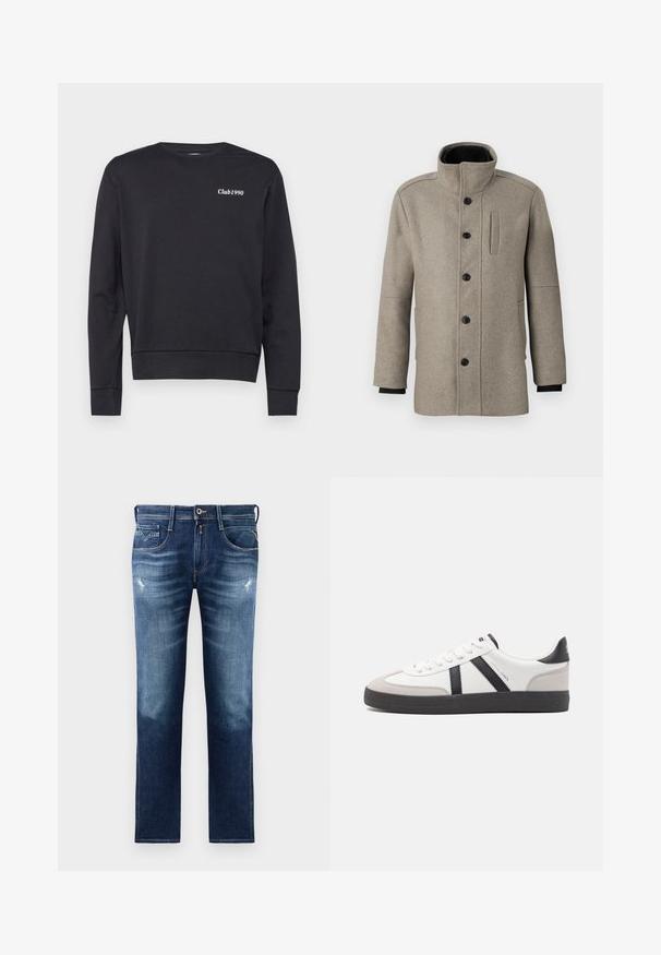 Lys grå uldfrakke med høj krave, frontlukning med knapper og en sidelomme. Har lange ærmer og en glat tekstur.; Sort sweatshirt lavet af blødt stof, med lange ærmer, rund hals og et hvidt "Club1990" logo på brystet. Enkel design.; Blå denim jeans med regular fit, med en blegnet vask, let slid, fem lommer og kontrastsyninger. Knaplukning i taljen.; Hvide sneakers med sorte og grå detaljer, med en tekstureret grå tåhætte, sort gummisål og flade hvide snørebånd. Rent design, minimalistisk stil.