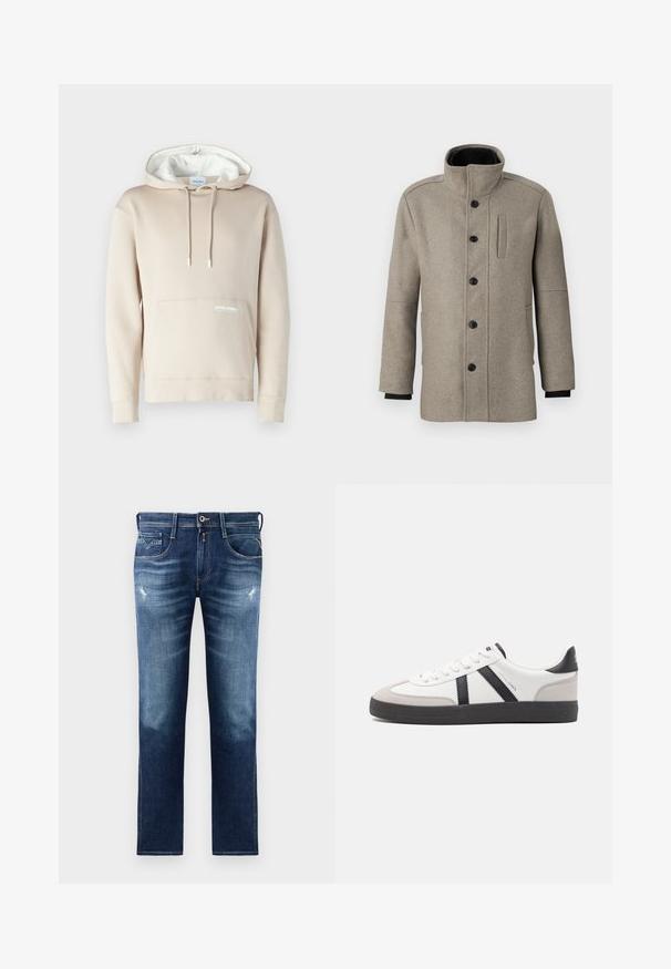 Cappotto di lana grigio chiaro con colletto alto, chiusura con bottoni frontali e tasca laterale. Presenta maniche lunghe e una texture liscia.; Felpa beige con cappuccio foderato di bianco, cordini e tasca frontale. Presenta un logo discreto sulla tasca. Realizzata in tessuto morbido.; Jeans in denim blu con vestibilità regolare, caratterizzati da un lavaggio sbiadito, leggero usura, cinque tasche e cuciture a contrasto. Chiusura con bottone in vita.; Sneaker bianco con accenti neri e grigi, dotata di una punta grigia testurizzata, suola in gomma nera e lacci bianchi piatti. Design pulito, stile minimalista.