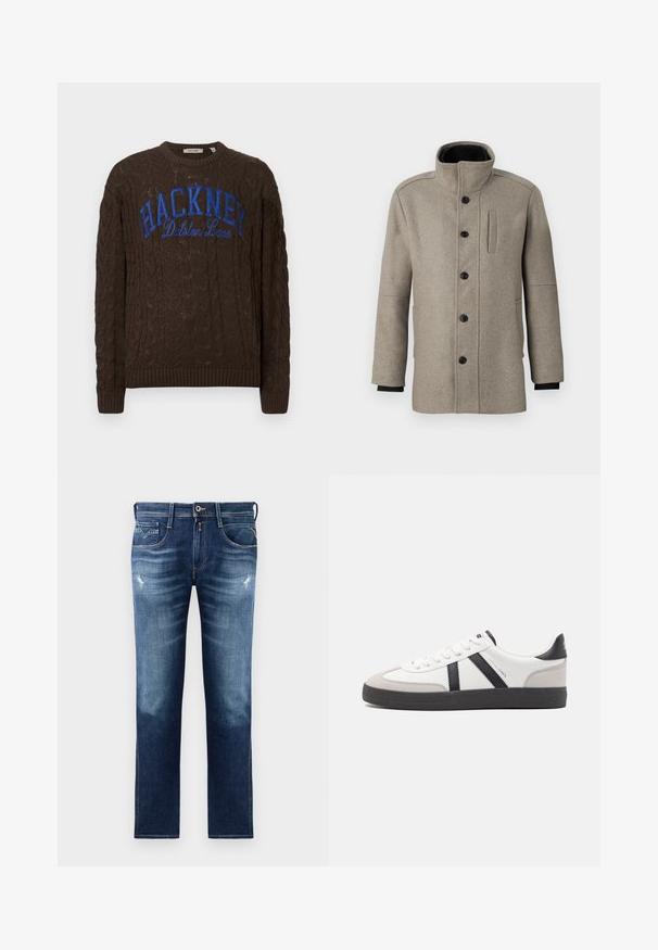 Lichtgrijze wollen jas met hoge kraag, sluiting met knopen aan de voorkant en een zijzak. Heeft lange mouwen en een gladde textuur.; Bruine kabelgebreide trui met ronde hals, voorzien van een blauwe 'HACKNEY' graphic en de tekst 'Dalston Lane' aan de voorkant. Ribgebreide manchetten en zoom.; Blauwe denim jeans met een reguliere pasvorm, voorzien van een vervaagde wassing, lichte slijtage, vijf zakken en contrasterende stiksels. Knopen sluiting bij de taille.; Witte sneaker met zwarte en grijze accenten, voorzien van een grijze neus met textuur, zwarte rubberen zool en platte witte veters. Schoon ontwerp, minimalistische stijl.