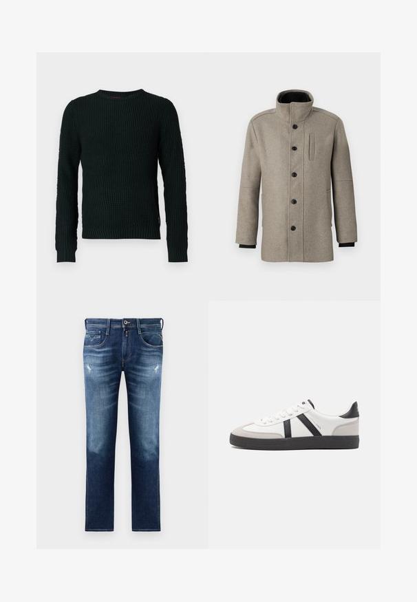 Ljusgrå ullkappa med hög krage, knappstängning fram och sidoficka. Har långa ärmar och en mjuk textur.; Svart chunky stickad tröja med rund halsringning och långa ärmar, samt ribbade mudd och nederkant, visad mot en vit bakgrund.; Blå denimjeans med regular fit, med en blekt tvätt, lätt slitage, fem fickor och kontrasterande sömmar. Knäppning vid midjan.; Vit sneaker med svarta och grå accenter, med en strukturerad grå tådel, svart gummisul, och platta vita skosnören. Ren design, minimalistisk stil.