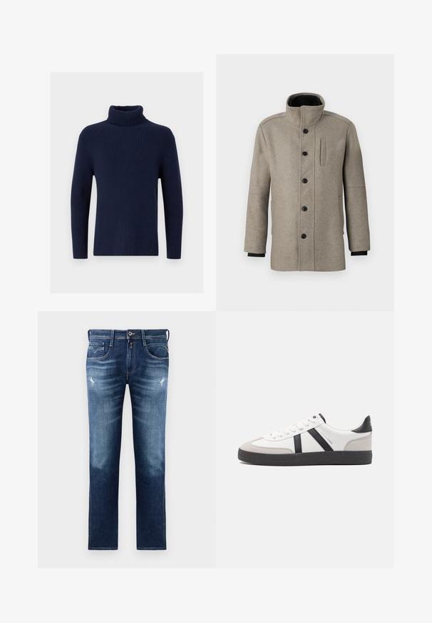 Ljusgrå ullkappa med hög krage, knappstängning fram och sidoficka. Har långa ärmar och en mjuk textur.; Mörkblå polotröja i ribbad trikå. Har långa ärmar och en åtsittande krage. Slät textur med minimala dekorationer.; Blå denimjeans med regular fit, med en blekt tvätt, lätt slitage, fem fickor och kontrasterande sömmar. Knäppning vid midjan.; Vit sneaker med svarta och grå accenter, med en strukturerad grå tådel, svart gummisul, och platta vita skosnören. Ren design, minimalistisk stil.