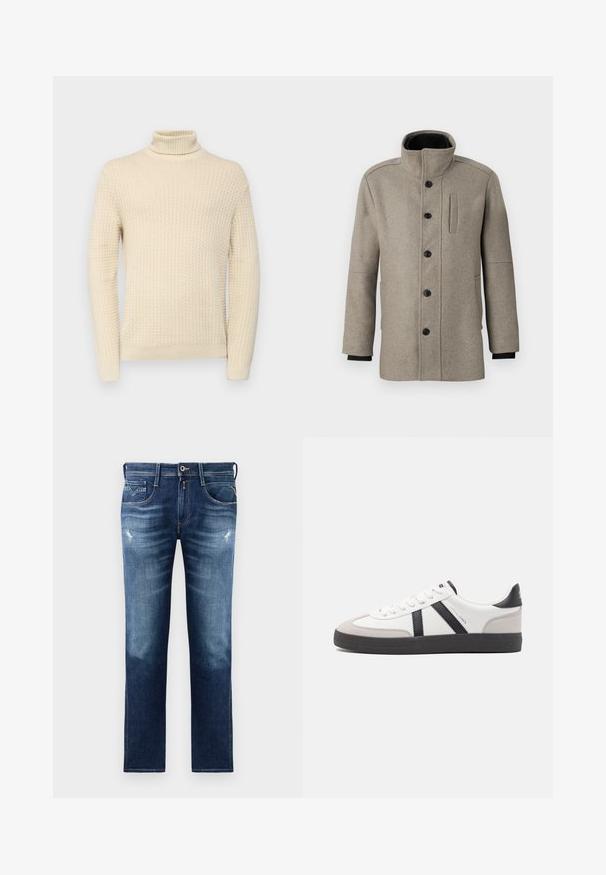 Hellgrauer Wollmantel mit hohem Kragen, vorderem Knopfverschluss und Seitentasche. Mit langen Ärmeln und einer glatten Textur.; Cremfarbener Rollkragenpullover mit strukturiertem Strickmuster, ausgestattet mit langen Ärmeln sowie gerippten Bündchen und Saum.; Blaue Denim-Jeans mit regulärer Passform, ausgestattet mit einer verwaschenen Optik, leichten Gebrauchsspuren, fünf Taschen und Kontrastnähten. Knopfverschluss am Bund.; Weiße Sneaker mit schwarz- und grau-aczenten, ausgestattet mit einer strukturierten grauen Zehenkappe, schwarzer Gummi-Sohle und flachen weißen Schnürsenkeln. Sauberes Design, minimalistische Stil.