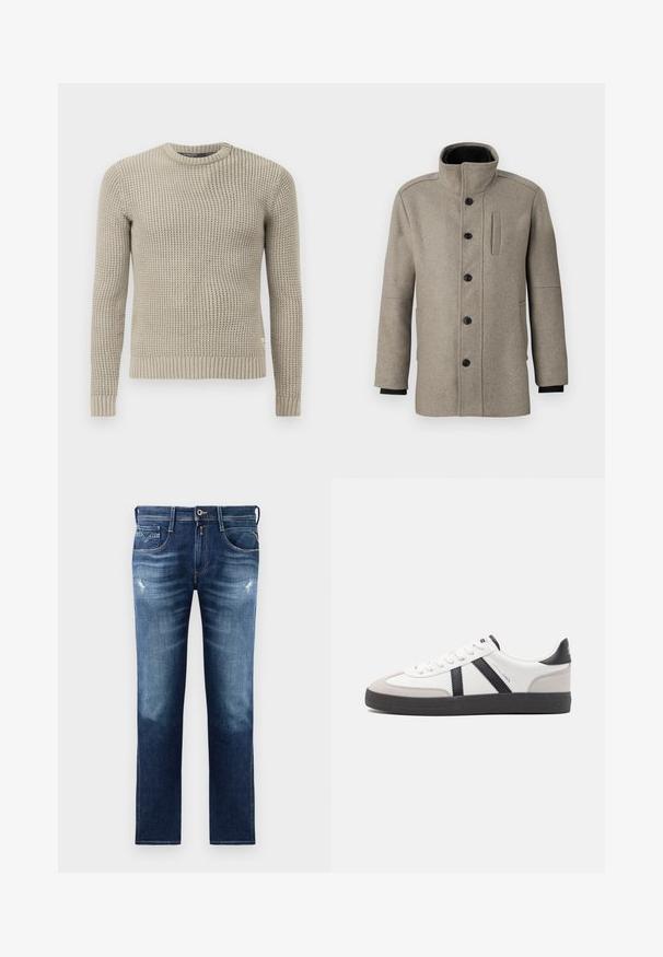 Light gray wool coat with a high collar, front button closure, and a side pocket. Features long sleeves and a smooth texture.; Beige knitted sweater with long sleeves, ribbed cuff and hem, round neck, textured pattern, made from soft material.; Blue denim jeans with a regular fit, featuring a faded wash, slight distressing, five pockets, and contrast stitching. Button closure at waist.; White sneaker with black and gray accents, featuring a textured gray toe cap, black rubber sole, and flat white laces. Clean design, minimalist style.