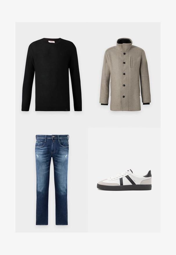 Vaaleanharmaa villakangastakki, jossa on korkea kaulus, etumuksen nappikiinnitys ja sivutasku. Omaaa pitkät hihat ja sileän pinnan.; Musta neulepaita pitkillä hihoilla ja pyöreällä kauluksella. Hieman tekstuuria ja pieni logoyksityiskohta rinnassa. Klassinen ja monikäyttöinen muotoilu.; Sininen farkkuhousut, joissa on normaali istuvuus, haalistunut pesu, pieni kuluminen, viisi taskua ja kontrastiväriset ompeleet. Napitus vyötäröllä.; Valkoiset lenkkarit mustilla ja harmailla yksityiskohdilla, joissa on teksturoitu harmaa kärki, musta kumipohja ja litteät valkoiset nauhat. Siisti muotoilu, minimalistinen tyyli.