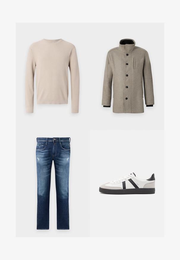 Light gray wool coat with a high collar, front button closure, and a side pocket. Features long sleeves and a smooth texture.; Beige knitted sweater with long sleeves, round neckline, and textured ribbed pattern. Material appears soft and lightweight.; Blue denim jeans with a regular fit, featuring a faded wash, slight distressing, five pockets, and contrast stitching. Button closure at waist.; White sneaker with black and gray accents, featuring a textured gray toe cap, black rubber sole, and flat white laces. Clean design, minimalist style.