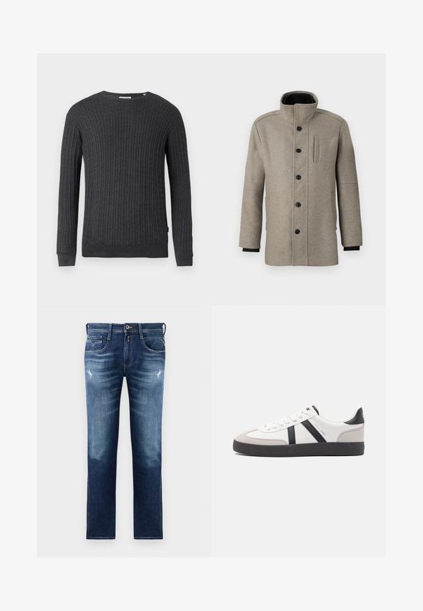 Lys grå ullkåpe med høyt krage, knappelukking foran og sidelomme. Har lange ermer og en jevn tekstur.; Mørk grå strikket genser med ribbestruktur, rund hals, lange ermer og en innsvingt kant. Har minimal merkevare på den nedre siden.; Blå denimjeans med vanlig passform, med en falmet vask, lett slitasje, fem lommer og kontraststing. Knapplukking i livet.; Hvite sneakers med svarte og grå detaljer, med en teksturert grå tåhette, svart gummisåle, og flate hvite lisser. Rent design, minimalistisk stil.