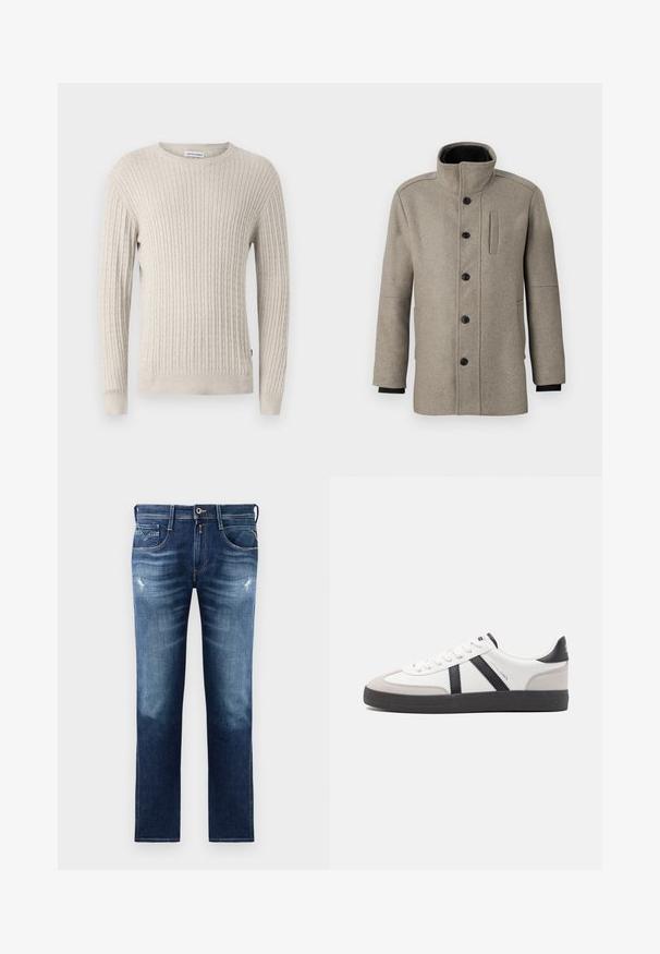 Heled hall villane mantel kõrge kraega, esiseotud nööpidega ja küljetaskuga. Omab pikki varrukaid ja siledat tekstuuri.; Beez värviga kudum, millel on sooniline tekstuur, ümmargune kaelus, pikad varrukad ja ühtlane alläär, millel on külje peal väike logoteip.; Sinised denim püksid regulaarse lõikega, millel on pleekinud pesu, kerge kulumine, viis taskut ja kontrastõmblused. Nööbi kinnitamine vööl.; Valged tossud mustade ja hallide aktsentidega, tekstureeritud halli varbakattega, musta kummitald ja lamedad valged paelad. Puhtad jooned, minimalistlik stiil.