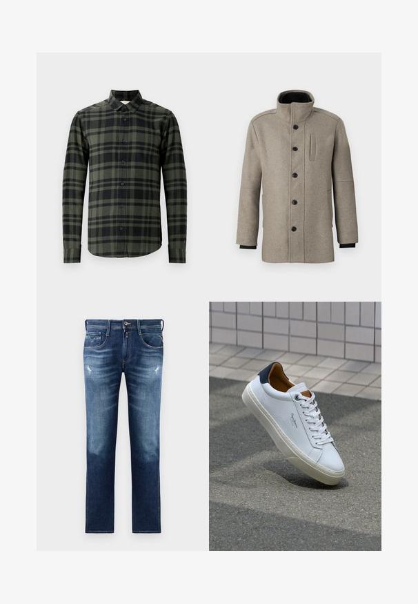 Ljusgrå ullkappa med hög krage, knappstängning fram och sidoficka. Har långa ärmar och en mjuk textur.; Långärmad skjorta i mörkgrön och svart rutigt mönster, tillverkad av flanell. Har en klassisk krage och svarta knappar.; Blå denimjeans med regular fit, med en blekt tvätt, lätt slitage, fem fickor och kontrasterande sömmar. Knäppning vid midjan.; Vita lädersneakers med en marinblå häl, rund tå och kontrasterande bruna detaljer. Har plana snören och en texturerad gummisula.