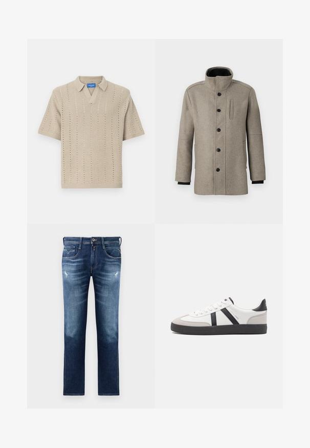 Lichtgrijze wollen jas met hoge kraag, sluiting met knopen aan de voorkant en een zijzak. Heeft lange mouwen en een gladde textuur.; Beige poloshirt met korte mouwen van breiwerk, met een V-hals, verticale lijnpatronen en ribgebreide randen. Lichtgewicht, textiel met een gestructureerde stof.; Blauwe denim jeans met een reguliere pasvorm, voorzien van een vervaagde wassing, lichte slijtage, vijf zakken en contrasterende stiksels. Knopen sluiting bij de taille.; Witte sneaker met zwarte en grijze accenten, voorzien van een grijze neus met textuur, zwarte rubberen zool en platte witte veters. Schoon ontwerp, minimalistische stijl.