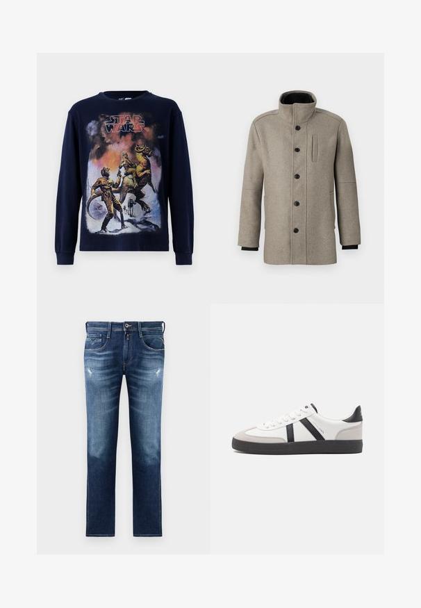 Svetlo šedý vlnený kabát s vysokým golierom, zapínaním na gombíky na prednej strane a bočnou vreckom. Má dlhé rukávy a hladkú textúru.; Námornícky modré tričko s dlhým rukávom s vintage grafikou Star Wars, na ktorej sú zobrazené postavy a stvorenie na zasneženom teréne.; Modré džínsy s pravidelným strihom, s bledým umývaním, jemným opotrebením, piatimi vreckami a kontrastným prešívaním. Zapínanie na gombík v páse.; Biele tenisky s čiernymi a šedými akcentmi, s textúrovanou šedou špičkou, čiernou gumovou podrážkou a plochými bielymi šnúrkami. Čistý dizajn, minimalistický štýl.