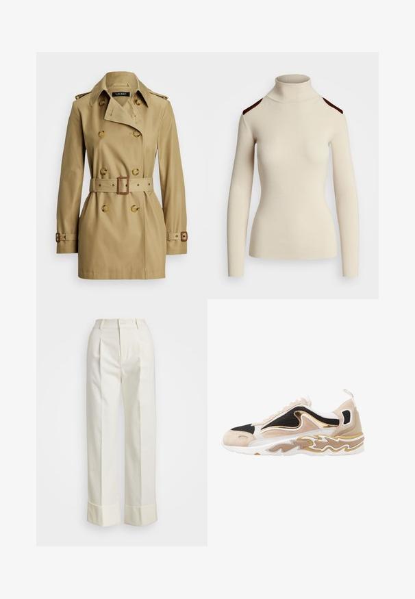 Beige Trenchcoat mit doppelt geknöpftem Design, großen Knöpfen, Gürtel in der Taille und Schulterklappen. Glatter Stoff mit klassischem Schnitt.; Rippiger cremefarbener Rollkragenpullover mit langen Ärmeln und dunkelbraunen Schulterakzenten. Figurbetonter Schnitt betont die Körperform und Textur.; Weiße maßgeschneiderte Hose mit hoher Taille, doppelten Vorderfalten und weiten Beinen mit umgeschlagenen Säumen. Hergestellt aus einem glatten, strukturierten Stoff.; Sneaker mit schwarzem Mesh-Obermaterial, sandfarbenen Wildlederakzenten und einem goldenen Metallic-Detail. Verfügt über eine weiße Sohle mit einem Wellenmuster.
