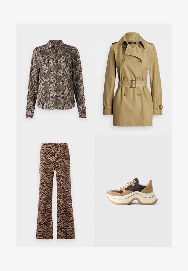 Gabardina beige con diseño de doble botonadura, grandes botones, cintura ceñida con cinturón y hombreras en los hombros. Tejido suave con una silueta clásica.; Camisa de manga larga marrón y beige con un patrón de impresión de serpiente, con un cierre de botones en la parte delantera y dos bolsillos en el pecho. Textura de tela suave.; Pantalones anchos de estampado de leopardo en beige y negro, con una textura suave y dobladillo ajustado. Diseño con cinturilla estándar y bolsillos.; Zapatillas de suela gruesa en beige y marrón oscuro con acentos de ante, cordones blancos y un pequeño charm dorado de MK en el costado.