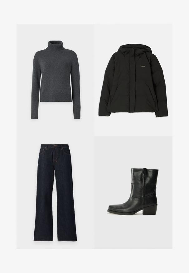 Sort pufferjakke med hætte, front lynlås, to store forlommer og et lille logo på brystet. Lavet af et glat, isoleret materiale.; Grå turtleneck sweater lavet af blødt strikket stof, med lange ærmer og ribbet kant for et tætsiddende udseende.; Mørkeblå vidde jeans lavet af denim, med orange syninger, to frontlommer og en knaplukning i taljen.; Sort læder ankelstøvle med rundt tå, blokhæl, lynlås i siden og stikninger på vampsiden. Glat tekstur, klassisk design.