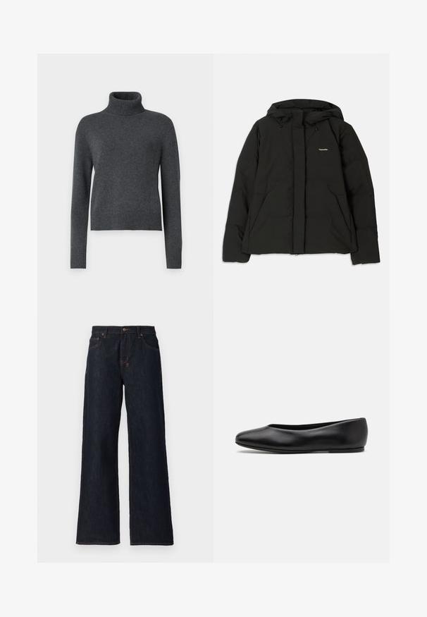 Doudoune noire avec capuche, fermeture éclair à l'avant, deux grandes poches avant et un petit logo sur la poitrine. Fabriquée à partir d'un matériau souple et isolant.; Pull à col roulé gris en tricot doux, avec des manches longues et un ourlet côtelé pour un look ajusté.; Jeans larges bleu foncé en denim, avec des coutures orange, deux poches avant et une fermeture à bouton à la taille.; Paul Smith TOPANGA - Ballerines - black