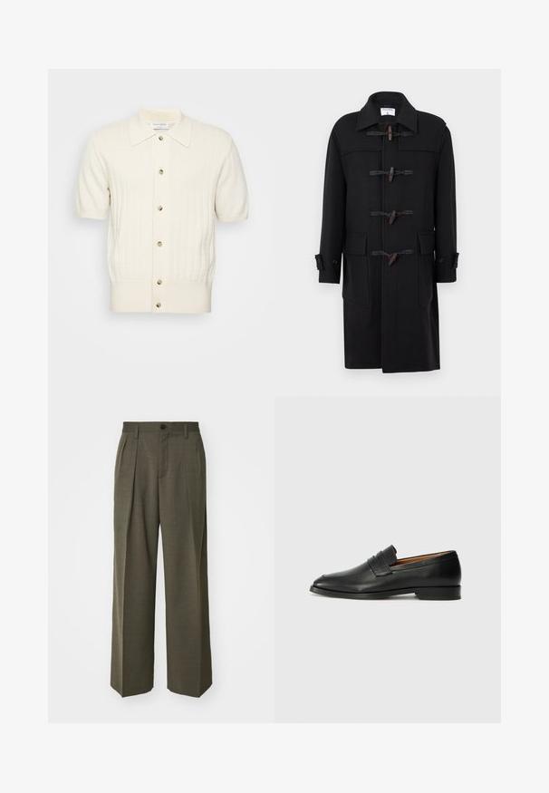 Black wool duffle coat with a pointed collar, toggle fastenings, two front pockets, and buttoned cuffs. Smooth texture and knee-length design.; Short-sleeve cream cardigan featuring a ribbed texture, five-button closure, and a pointed collar. Material appears soft and smooth.; Filippa K WIDE TROUSERS - Trousers - driftwood; Black leather loafer with a rounded toe, subtle stitched detailing, and a low heel, featuring a smooth texture and minimalist design.