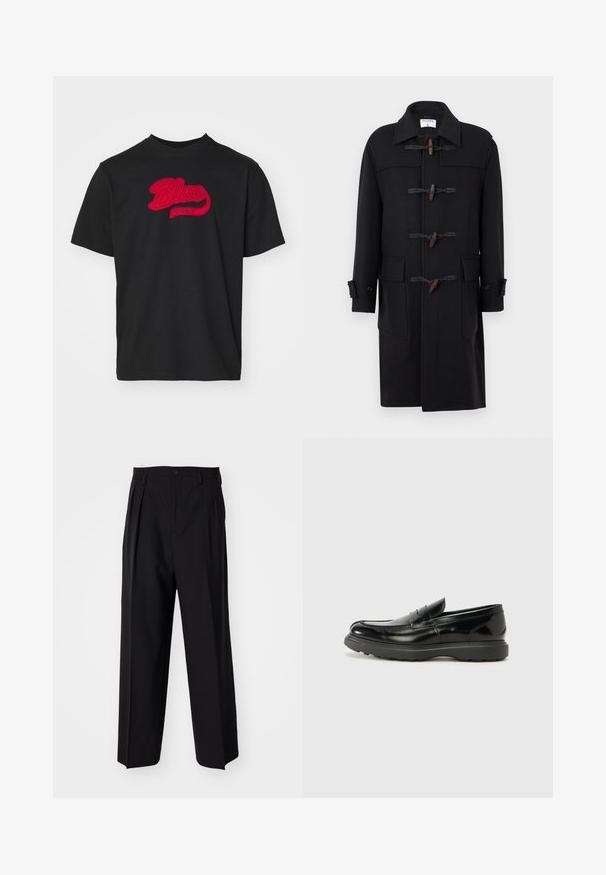 Mustavillainen villakangastakki, jossa on kärjellinen kaulus, solkilukitus, kaksi etutaskua ja napitettavat hihansuut. Silkkinen pinta ja polvitason muotoilu.; Mustapaita pyöreällä kaula-aukolla, jossa on punaisella brodeerattu "Blue Marble" -logo kaarevassa muodossa edessä.; Mustat laskostetut housut, joissa on suora, leveä lahje. Valmistettu sileästä kankaasta, jossa on nappisuljenta ja vyölenkit.; Mustat nahkakengät, joissa on kiiltävä pinta, pyöreä kärki, huomaamaton ompelu ja paksu kumipohja kestävyyttä varten.