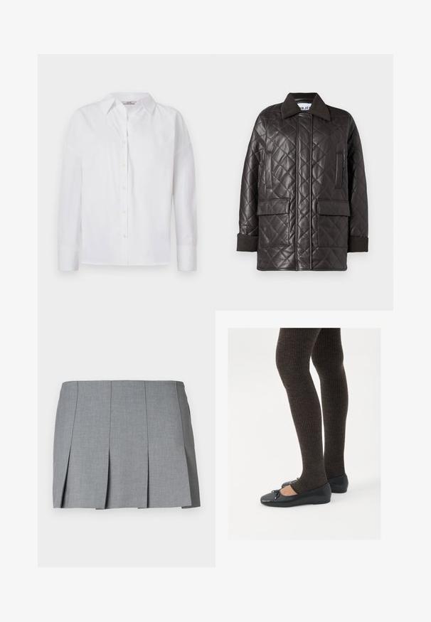 jaqueta de imitação couro castanho acolchoada com gola, dois bolsos frontais e punhos tricotados. Apresenta um corte relaxado e rectangular.; Camisa branca de botão, feita de algodão, com mangas longas, colarinho clássico e detalhes de costura subtil.; Saia plissada cinza com uma textura suave, design estruturado e uma cintura ajustada. Feita de um tecido leve com um padrão subtil.; Sapatos planos pretos com um pequeno laço na ponta, emparelhados com meias-calças caneladas castanhas escuras. Os sapatos têm uma textura suave e um design discretamente baixo.