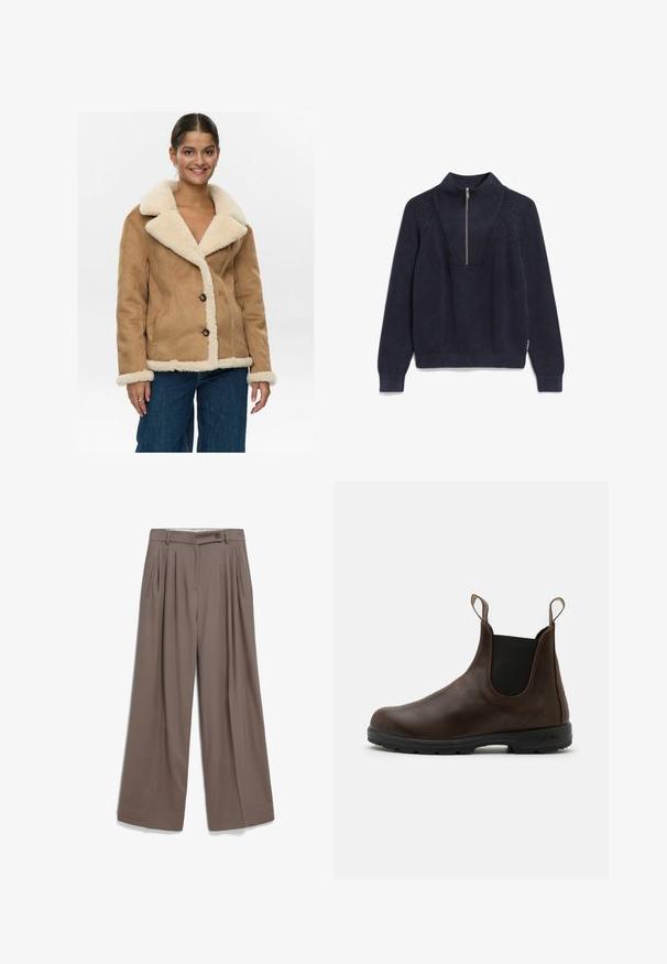 Nümph NUELIOTTA REVERSIBLE - Winterjacke - cognac; Marineblauer gerippter Strickpullover mit langen Ärmeln und einem Viertel-Reißverschluss-Kragen, der ein strukturiertes Schulterdesign auf der Vorderseite aufweist.; Helles beige T-Shirt mit kurzen Ärmeln aus weichem Stoff, runder Ausschnitt und gerader Schnitt. Etikett sichtbar an der unteren linken Seite.; Weite Stoffhosen in einem sanften Braunton, ausgestattet mit vorderen Falten, einem Knopfverschluss und seitlichen Taschen aus einem glatten Stoff.; Braune Leder-Ankle Boots mit elastischen Seitenpaneelen, Zuglaschen und strukturierter Gummisohle. Sie verfügen über ein schlankes, rundes Zehendesign.