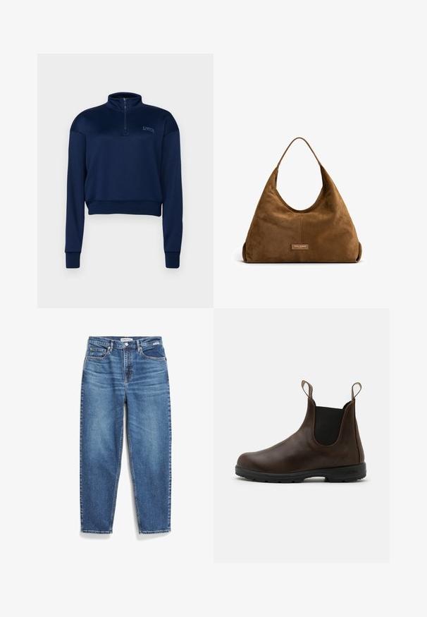 Nümph NUELIOTTA REVERSIBLE - Veste d'hiver - cognac; Sweatshirt bleu marine à col zippé en tissu doux, doté de manches longues et d'un design court avec un ourlet et des poignets côtelés.; Jeans en denim bleu avec une coupe droite, cinq poches et un léger dégradé. Comprend une fermeture à bouton et des coutures contrastées.; Bottines en cuir brun avec des panneaux élastiques sur les côtés, des languettes de tirage et une semelle en caoutchouc texturée. Présente un design moderne et arrondi au niveau des orteils.; Isabel Bernard Honore Grace - Sac à main - braun