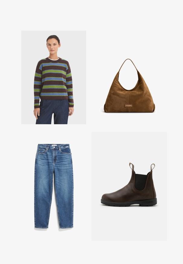Nümph NUELIOTTA REVERSIBLE - Winterjas - cognac; Gestreepte trui in donkerbruin, groen en blauw. Ronde hals, lange mouwen en geribbelde manchetten. Zacht, textuurstof. In combinatie met donkerblauwe broeken.; Blauwe denim jeans met een rechte pijpdesign, vijf zakken en subtiele vervaging. Heeft een knoopsluiting en contrasterende stiksels.; Bruine leren enkellaars met elastische zijkanten, trekriempjes en een getextureerde rubberen zool. Heeft een slank, rond te ontwerp.; Isabel Bernard Honore Grace - Handtas - braun