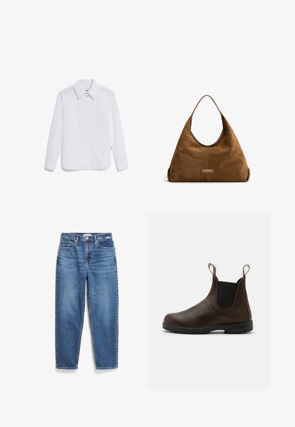 Nümph NUELIOTTA REVERSIBLE - Winterjas - cognac; Witte button-up shirt van glad katoen, met een klassieke kraag, lange mouwen en manchetten met één knop. Geen patronen of accenten.; Blauwe denim jeans met een rechte pijpdesign, vijf zakken en subtiele vervaging. Heeft een knoopsluiting en contrasterende stiksels.; Bruine leren enkellaars met elastische zijkanten, trekriempjes en een getextureerde rubberen zool. Heeft een slank, rond te ontwerp.; Isabel Bernard Honore Grace - Handtas - braun