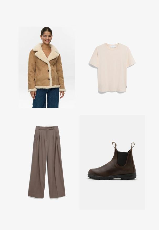 Nümph NUELIOTTA REVERSIBLE - Winter jacket - cognac; Light beige short-sleeve t-shirt made of soft fabric, featuring a round neck and a straight cut. Label visible at the bottom left.; Wide-leg trousers in a soft brown hue, featuring front pleats, a button closure, and side pockets with a smooth fabric texture.; Brown leather ankle boot with elastic side panels, pull tabs, and textured rubber sole. Features a sleek, rounded toe design.