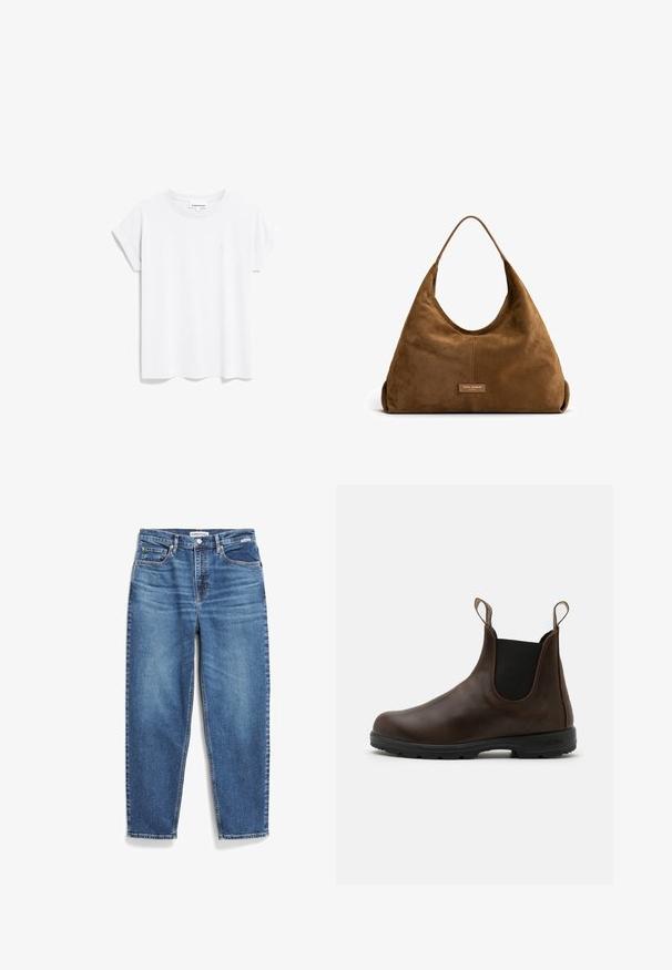 Nümph NUELIOTTA REVERSIBLE - Winterjas - cognac; ARMEDANGELS IDAARA - T-shirt basic - white; Blauwe denim jeans met een rechte pijpdesign, vijf zakken en subtiele vervaging. Heeft een knoopsluiting en contrasterende stiksels.; Bruine leren enkellaars met elastische zijkanten, trekriempjes en een getextureerde rubberen zool. Heeft een slank, rond te ontwerp.; Isabel Bernard Honore Grace - Handtas - braun