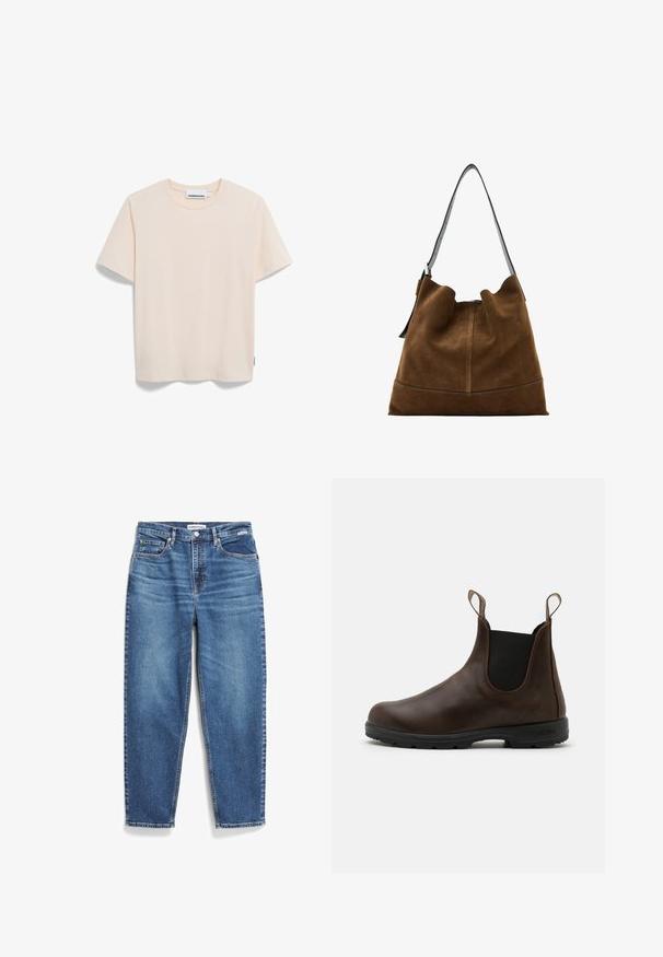 Nümph NUELIOTTA REVERSIBLE - Winterjas - cognac; Lichtbeige T-shirt met korte mouwen, gemaakt van zacht materiaal, met een ronde hals en een rechte snit. Label zichtbaar aan de onderkant links.; Blauwe denim jeans met een rechte pijpdesign, vijf zakken en subtiele vervaging. Heeft een knoopsluiting en contrasterende stiksels.; Bruine leren enkellaars met elastische zijkanten, trekriempjes en een getextureerde rubberen zool. Heeft een slank, rond te ontwerp.; Bruine suede emmer tas met een zwarte leren schouderriem, met een zachte silhouette en naaddetail aan de onderkant.