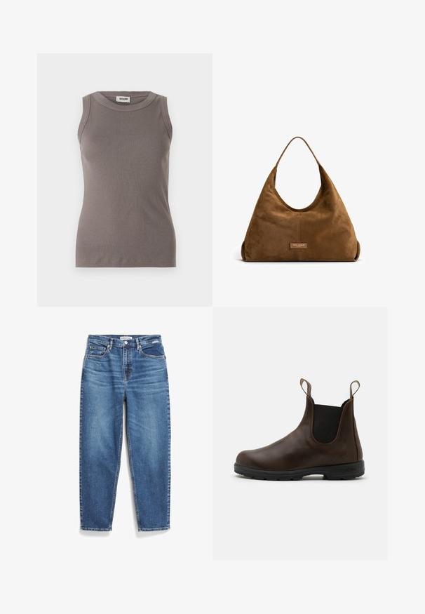 Nümph NUELIOTTA REVERSIBLE - Winterjas - cognac; Grijze geribbelde tanktop met een ronde halslijn en mouwloos ontwerp, gemaakt van een zachte, gestructureerde stof. Eenvoudige, getailleerde silhoutte.; Blauwe denim jeans met een rechte pijpdesign, vijf zakken en subtiele vervaging. Heeft een knoopsluiting en contrasterende stiksels.; Bruine leren enkellaars met elastische zijkanten, trekriempjes en een getextureerde rubberen zool. Heeft een slank, rond te ontwerp.; Isabel Bernard Honore Grace - Handtas - braun