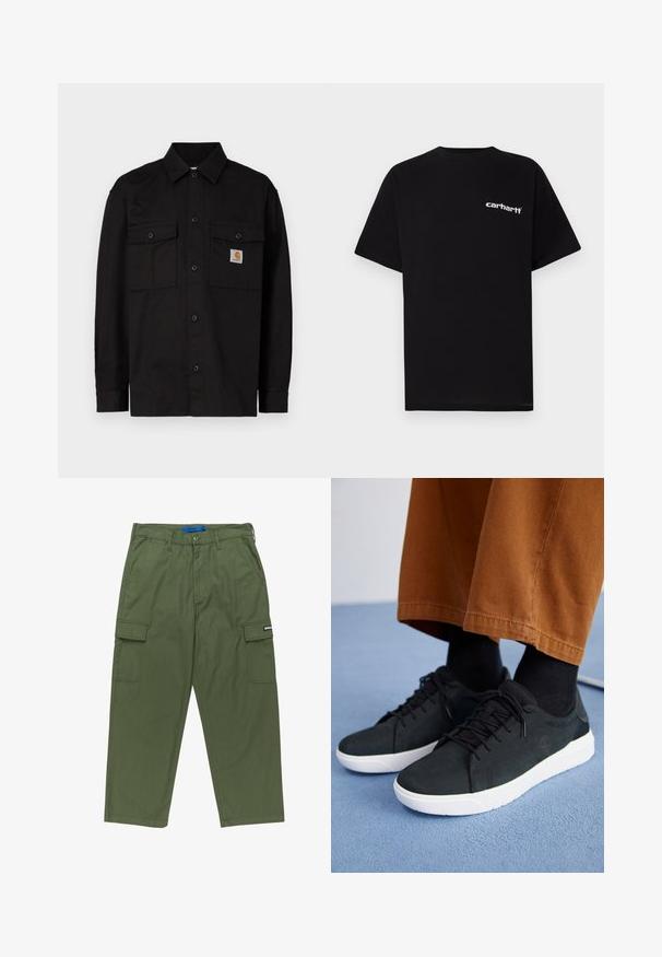 Black button-up shirt made of durable fabric, featuring two chest pockets, a pointed collar, and a small logo label on the left pocket.; Black cotton t-shirt with short sleeves, crew neckline, and white "Carhartt" logo on the left chest. Smooth texture, minimal design.; Green cargo pants with a straight fit, multiple side pockets, and a zip-fly closure. Made of durable cotton fabric. Features brand label.; Black suede sneakers with white rubber soles, featuring lace-up design, textured accents, and subtle branding, paired with brown pants.