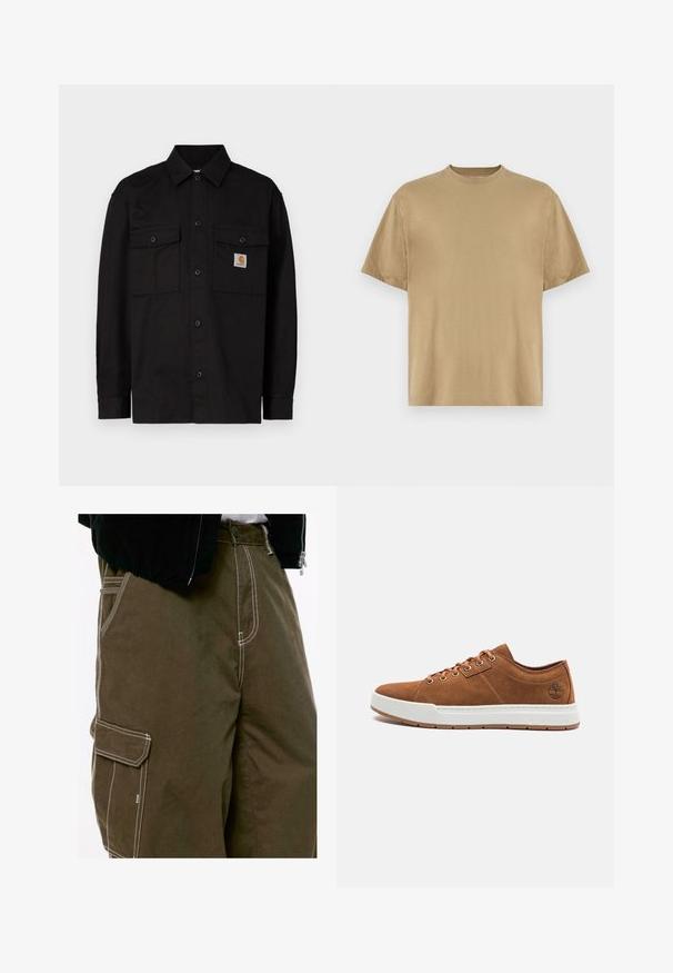 Schwarzes Hemd mit Knöpfen aus langlebigem Stoff, mit zwei Brusttaschen, spitzem Kragen und einem kleinen Logolabel auf der linken Tasche.; Khakifarbenes T-Shirt mit kurzen Ärmeln aus weichem Stoff, mit einem Rundhalsausschnitt und einer lockeren Passform. Keine Muster oder Grafiken sichtbar.; Nahaufnahme von dunkelolivfarbenen Cargo-Hosen mit weißen Kontrastnähten und einer seitlichen Taschenklappe, getragen mit einer schwarzen Jacke und einem weißen Hemd.; Braune Wildleder-Sneaker mit weißer Gummisohle, runder Zehenform, sechs Metallösen und geprägtem Logodetail an der Seite. Klassisches Schnürdesign.