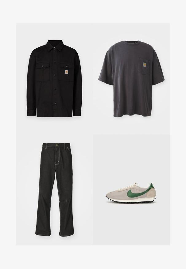 Camisa preta com botões feita de tecido resistente, com dois bolsos no peito, colarinho pontudo e uma pequena etiqueta de logotipo no bolso esquerdo.; T-shirt de algodão preto com mangas curtas, decote redondo e bolso no peito esquerdo com um emblema quadrado. Design simples e sem adornos.; Calças de ganga pretas de corte largo, com costuras brancas em contraste, fecho de botão e design de perna reta.; Ténis de corrida bege com realces em camurça verde, parte superior em malha texturizada, atacadores creme e sola de borracha preta com pinos de tração.