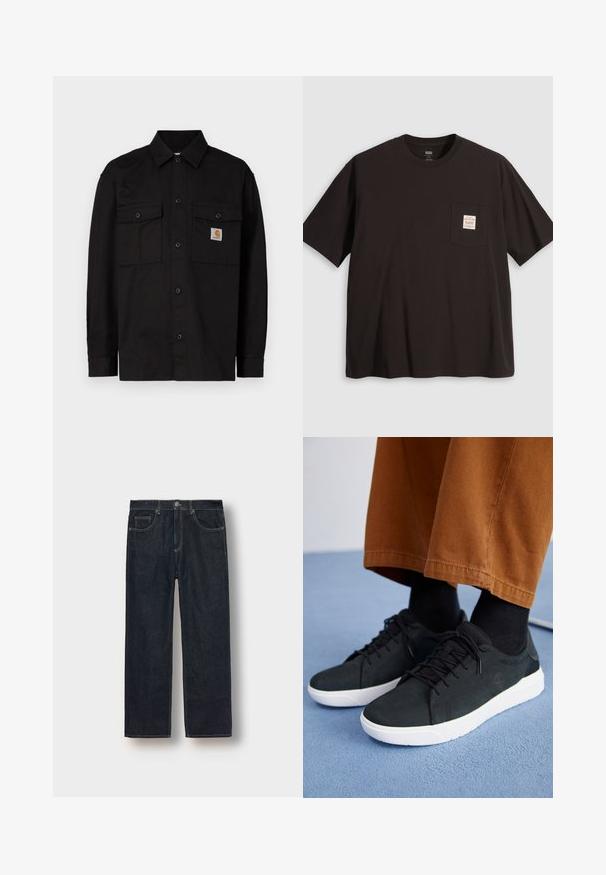 Juoda mygtukais užsegama palaidinė iš tvirtos medžiagos, su dviem krūtinės kišenėmis, smailia apykakle ir mažu logotipo ženklu kairėje kišenėje.; Juodas medvilnės marškinėliai su apykakle, trumpomis rankovėmis ir kvadratiniu kišenėle, turinčia rožinį ir baltą etiketę kairėje krūtinės pusėje.; Tamsiai mėlynos tiesaus silueto džinsai, pagaminti iš džinsinio audinio, su diržo kilpomis, priekinėmis kišenėmis ir kontrastingomis siuvimo linijomis. Minimalistinis dizainas, be papuošimų.; Juodi zomšiniai sneakeriai su baltais guminiais padais, su raištelių uždėjimo dizainu, tekstūruotais akcentais ir subtiliu prekių ženklu, derinami su rudomis kelnėmis.