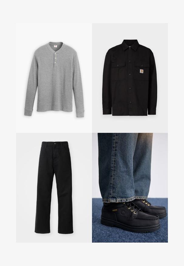 Juoda mygtukais užsegama palaidinė iš tvirtos medžiagos, su dviem krūtinės kišenėmis, smailia apykakle ir mažu logotipo ženklu kairėje kišenėje.; Pilkos spalvos ilgo rankovėmis henley marškiniai, pagaminti iš banguoto audinio, su trimis mygtukais priekyje ir apvalia iškirpte, šiek tiek prigludusios formos.; Juodo džinsinio audinio keliaraiščiai su tiesia iškarpa, turintys priekinės kišenes, užtrauktuką ir vieną viršutinį mygtuką. Audinys tekstūruotas, su matinio paviršiaus apdaila.; Juodi odiniai batai su auksiniais akmenimis ir tekstūruotu paviršiumi, derinami su mėlynomis džinsinėmis kelnėmis. Batai turi sluoksniuotą pada ir prekės ženklo detalę.