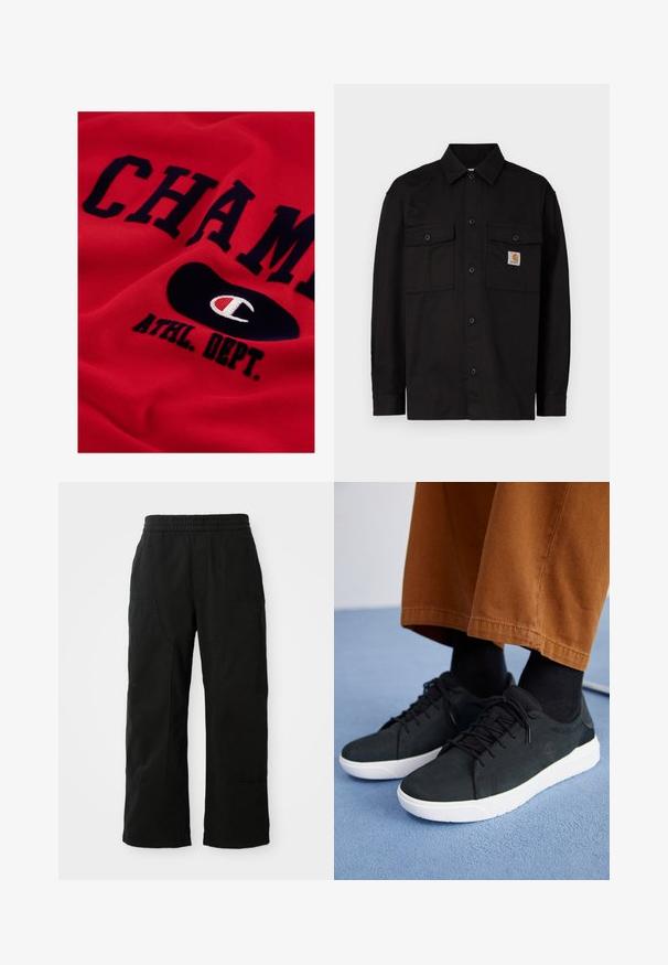 Fekete, gombolós ing tartós anyagból, két mellzsebbel, hegyes gallérral és egy kis logóval a bal zsebnél.; Piros pamut pulóver, nagy sötétkék felirattal: "CHAMP" és "ATHL. DEPT.", fekete ovális logóval, amely fehér és piros emblémát tartalmaz.; Fekete pamut nadrág rugalmas derékkal, széles lábakkal és nagy oldalzsebekkel. Az anyag lágy és sima tapintású.; Fekete velúrbőr sneaker fehér gumitalppal, fűzős dizájnnal, texturált részletekkel és diszkrét márkázással, barna nadrággal párosítva.