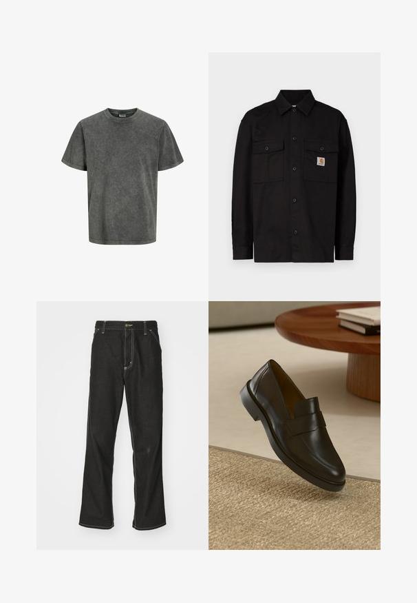 Juoda mygtukais užsegama palaidinė iš tvirtos medžiagos, su dviem krūtinės kišenėmis, smailia apykakle ir mažu logotipo ženklu kairėje kišenėje.; Trumpas rankovėmis marškinėliai nublukusios tamsiai pilkos spalvos, pagaminti iš minkštos medžiagos, su apvalia iškirpte ir laisvu siluetu. Minkšta tekstūra, be raštų.; Juodi džinsai su laisvu siluetu, turintys kontrastingas balto siūlo siūles, mygtuko uždarymą ir tiesų kojos dizainą.; Juodas odinis loaferis su lygiu paviršiumi, apvaliu pirštu ir dekoratyvine juostele per viršų. Žemas guminis kulnas, priešingai tekstūruotam paviršiui.