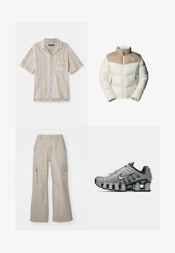 The North Face M SAIKURU JACKET - Winter jacket - mushroom grey/white dun; Black hoodie made of cotton. Features a front pocket, drawstring hood, and a gray spray-paint design with a blue label accent.; Short-sleeve shirt in beige with vertical stripes in orange, green, and white. Features a collar and a chest pocket. Textured fabric.; Khaki cargo pants made of cotton blend, featuring wide legs, multiple side pockets, and subtle stitching details.; Grey and black Nike running shoe with visible spring-like cushioning under the sole and a white swoosh logo on the side.