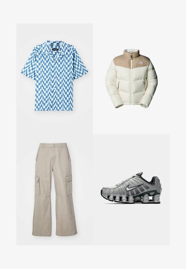 The North Face M SAIKURU JACKET - Vinterjakker - mushroom grey/white dun; Sort hættetrøje lavet af bomuld. Har en frontlomme, snorhuv og et gråt spraymalet design med en blå etikette accent.; Kortærmet skjorte i blå nuancer med et geometrisk zigzag-mønster, lavet af letvægtsstof. Har en klassisk krave og regular fit.; Khaki cargo bukser lavet af bomuldsblanding, med brede ben, flere sidelommer og subtile syninger.; Grå og sort Nike løbesko med synlig fjederlignende dæmpning under sålen og et hvidt swoosh-logo på siden.